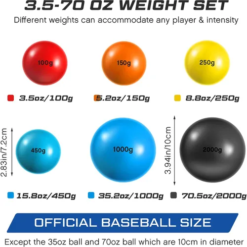 Miniatura 2 de Hungdao Juego de 6 pelotas de entrenamiento ponderadas pliométricas variables, bolas ponderadas de práctica de béisbol con peso para lanzar
