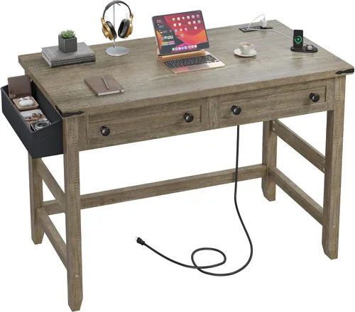 Miniatura 5 de EnHomee Escritorio rústico de 32 pulgadas, escritorio pequeño para dormitorio con toma de corriente y bolsa de almacenamiento, escritorio resistente