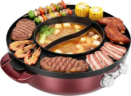 Olla caliente con parrilla, olla eléctrica 2 en 1 de 2000 W con doble control de temperatura, parrilla multifuncional sin humo Shabu Shabu Pot Rojo