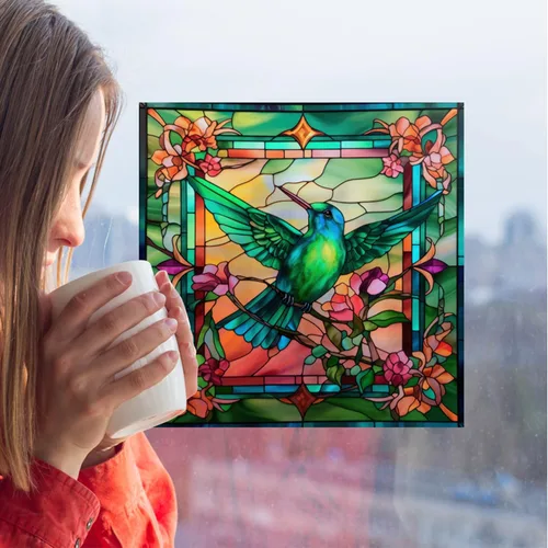 Miniatura 4 de 4 hojas de colibrí de gran tamaño para ventana, adhesivos anticolisión para evitar golpes de pájaros en vidrio, calcomanías de vinilo no adhesivas