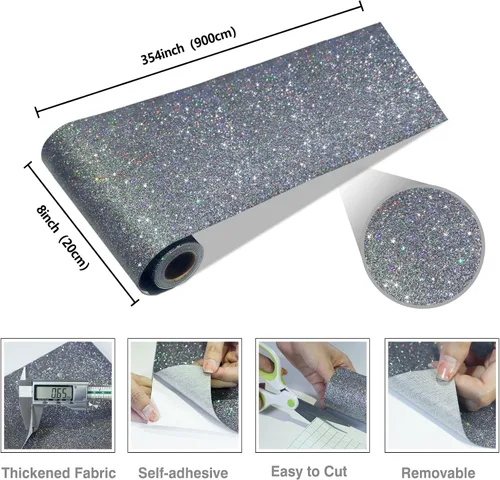 Miniatura 6 de CRE8TIVE Papel tapiz holográfico color carbón con purpurina, borde de pared para despegar y pegar, papel tapiz gris brillante con purpurina, Carbón