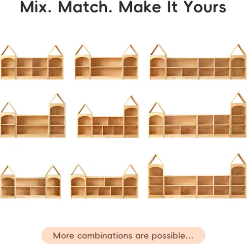 Miniatura 8 de OOOK Estante Montessori de Madera de Caucho con 5 Compartimentos, 43.3" de Largo, Organizadores y Almacenamiento de Juguetes de 2 Niveles, Gabinete