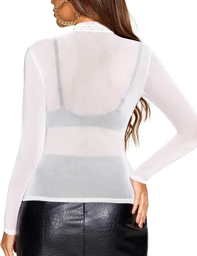 Miniatura 7 de Avidlove Top de malla para mujer, manga larga, cuello alto falso, S-XXL