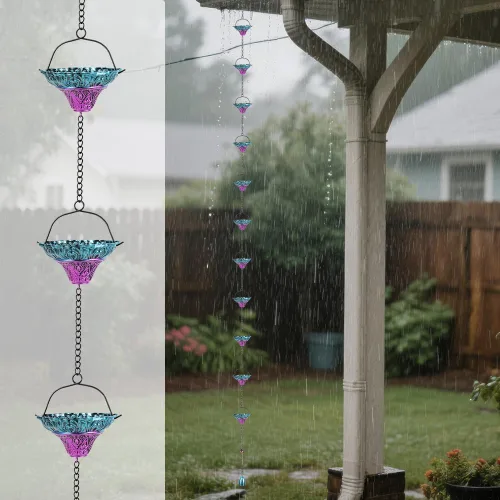 Miniatura 7 de Cadenas de lluvia de 10 pies para exterior, cadena de canalón de lluvia con 12 copas de flores, cadena de captura de agua de lluvia ajustable