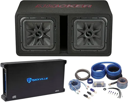 KICKER 45DL7R122 L7R 12" Subwoofers duales+paquete de subcaja ventilada con amplificador mono Rockville+kit de amplificador (3 artículos)