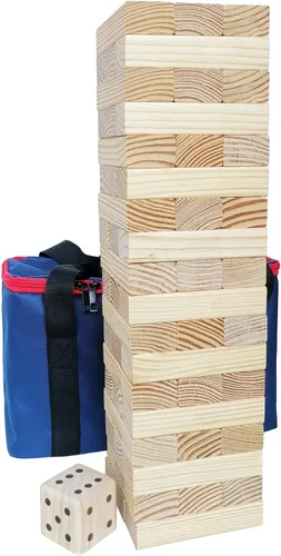 Jac & Mok Tumble Tower - Juego de bloques de madera para apilar con bolsa de transporte (54 piezas de torre grande con dados)