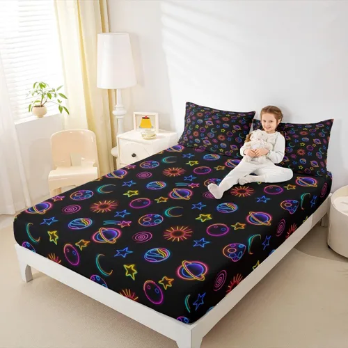 Miniatura 18 de Erosebridal Sábanas de calavera de azúcar, sábana bajera ajustable de Halloween, tamaño individual, ropa de cama de galaxia trippy morada, funda