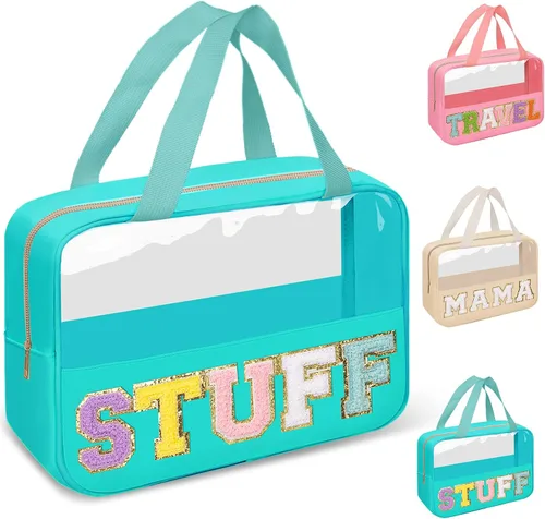 Miniatura 19 de izuzta Bolsas de maquillaje transparentes tipo tote con letras de chenilla, bolsa de maquillaje preppy con asa, Moda