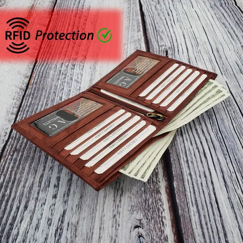 Miniatura 4 de ag wallets Billetera bifold europea de piel auténtica RFID para hombre, 2 ventanas de identificación, Borgoña