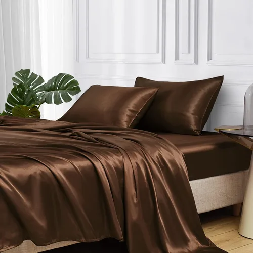 Miniatura 58 de MR&HM Sábanas de satén para cama de tamaño King, juego de 4 piezas de ropa de cama sedosa con bolsillo profundo de 15 pulgadas para colchón