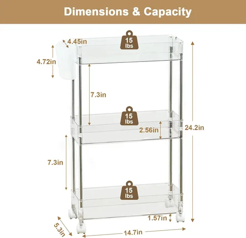 Miniatura 3 de VECELO Carrito rodante de acrílico de 3 niveles, carrito utilitario para almacenamiento de cocina, estantes móviles organizadores deslizables con 2