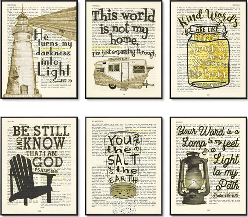 Impresiones artísticas de página de versículos bíblicos cristianos vintage, juego de 6, sin marco, Hebreos 13:14, 2 Samuel 22:29, Proverbios 16:24,