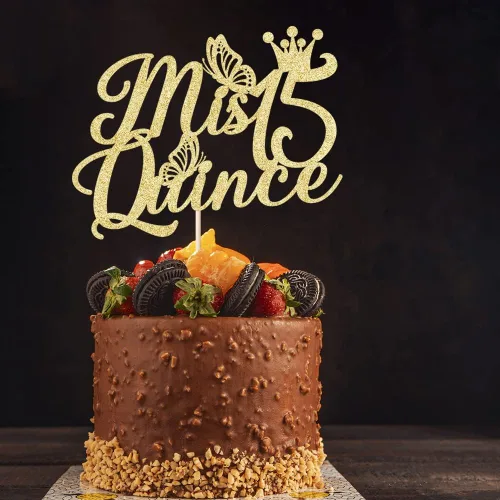 Kaoenla Mis membrillo 15 para tartas dorado con purpurina para cumpleaños 15, saludos a los 15 años, quinceañera, decoraciones de feliz cumpleaños