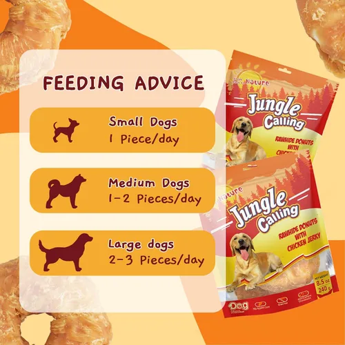 Miniatura 5 de Jungle Calling Golosinas masticables de cuero crudo de larga duración para perros, donas de cuero crudo envueltas en pollo, aperitivos masticables