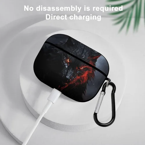 Miniatura 5 de Funda para auriculares con diseño de lobo negro grande con ojos rojos para AirPods Pro de 2ª generación con llavero, funda protectora rígida a