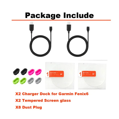 Miniatura 2 de Paquete de 2 cables para Garmin Fenix 6/6 Pro/6 Zafiro/6 de carga solar y 2 protectores de pantalla de vidrio templado HD gratis y 8 protectores