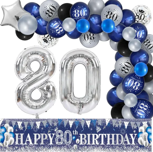 Miniatura 11 de Decoraciones de fiesta de cumpleaños 60, azul marino, plateado, pancarta de feliz cumpleaños 60 con 61 globos de látex, globos de aluminio