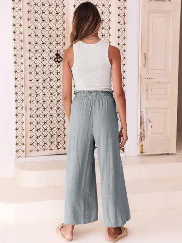 Miniatura 4 de ANRABESS Pantalones de lino para mujer, estilo casual, holgados, cintura alta, cordón de pierna ancha, pantalones capri palazzo con bolsillos