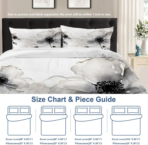Miniatura 7 de Batmerry Flowers Watercolor Twin Size 3 Pieces Bedding Duvet Cover Sets, Soft Fluffy Elegant Black White Flower Painting 100% Cotton Printed Duvet