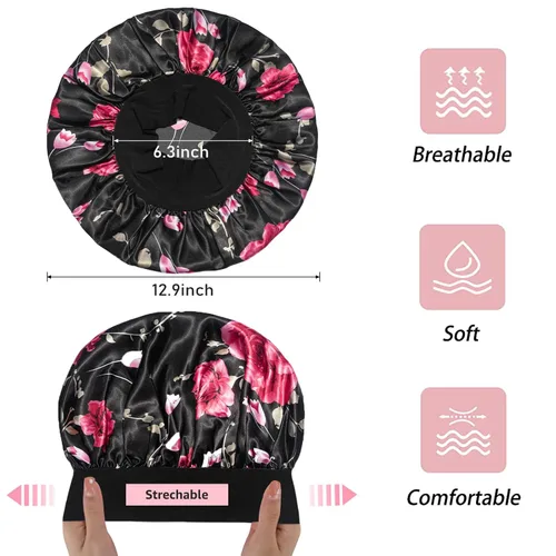 Miniatura 4 de vidsel 4 gorros de satén para mujer, gorro de seda para dormir, gorra de dormir de banda ancha para trenzas de cabello rizado