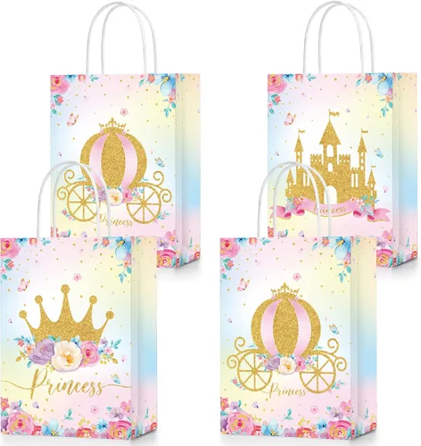 Sepamoon 24 bolsas de recuerdos de fiesta con temática de princesa príncipe, corona, castillo, con asas, incluye 3 estilos de bolsas de dulces para