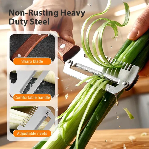 Miniatura 4 de Pelador de verduras multifuncional, cortador de verduras de acero inoxidable ultra afilado 3 en 1, triturador de frutas y abridor de botellas