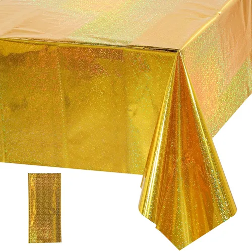 Miniatura 14 de Paquete de 8 manteles de plástico iridiscente brillantes desechables láser rectangulares, cubiertas de mesa de papel holográfico iridiscente, Rosa