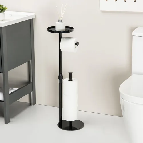 Miniatura 2 de Soporte de papel higiénico para el suelo del baño, altura ajustable y pesado, almacena 4 rollos de reserva, con estante superior de almacenamiento