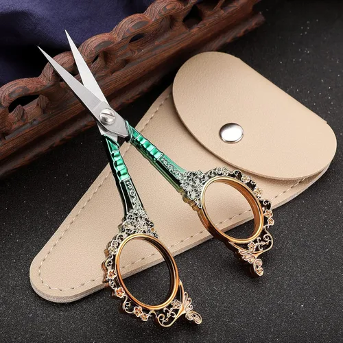 Miniatura 2 de Tijeras de costura afiladas con funda, tijeras de bordado para manualidades, hilo y punto de cruz, herramienta DIY, 4.5 pulgadas, doradas y verdes