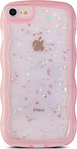Miniatura 9 de Qokey Funda para iPhone 12 Pro Max de 6.7 pulgadas, diseño de onda rizada, borde transparente, brillante con purpurina, estrella brillante, bonita