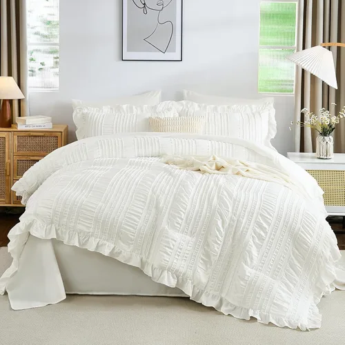 Juego de edredón Queen de WONG BEDDING, edredón blanco y lindo con volantes para cama Queen, juego de 7 piezas en una bolsa, juego de cama estilo