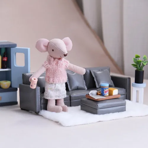 Miniatura 7 de Sofá de cuero para casa de muñecas en miniatura, a escala 1:12, juego de muebles de mini sofá con cojines para figura de muñeca de 3 a 6 pulgadas