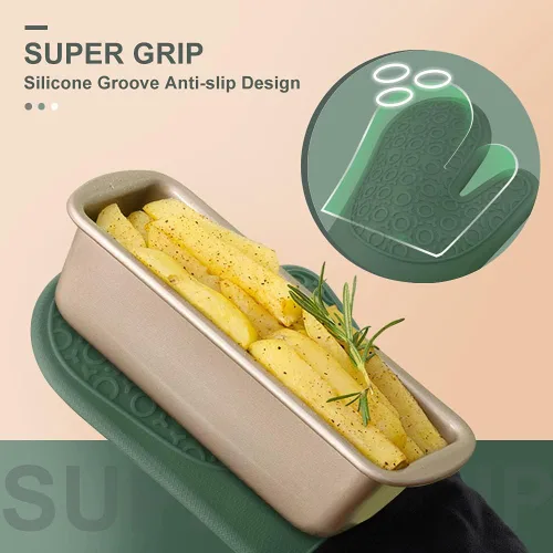 Miniatura 3 de sungwoo Guantes de horno de silicona extralargos, resistentes al calor, con forro acolchado, agarre texturizado antideslizante, perfectos para Verde
