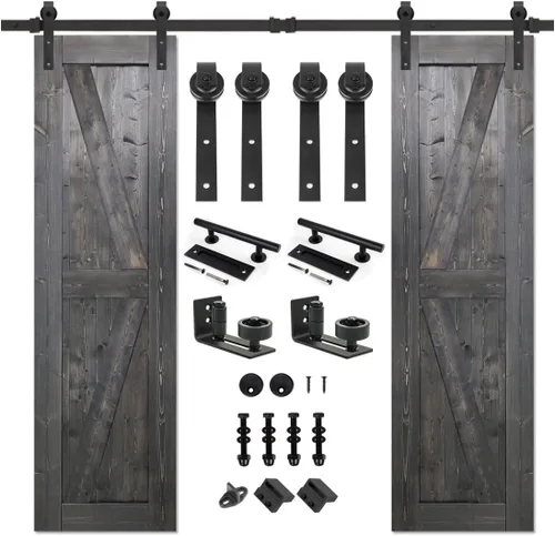 Miniatura 38 de S&Z TOPHAND 20 pulgadas x 84 pulgadas. Puerta de granero anudada británica sin terminar con kit de herrajes deslizantes de 4 pies/madera