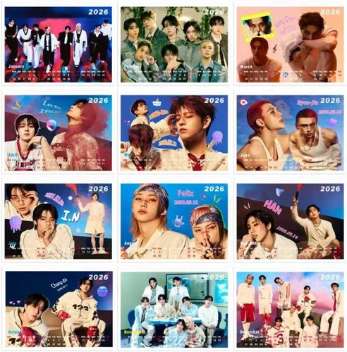 Miniatura 3 de Calendario de escritorio de regalo de Stray Kids 2025-2026, Calendario de escritorio con fotos de Stray Kids para el Año Nuevo (Morado)