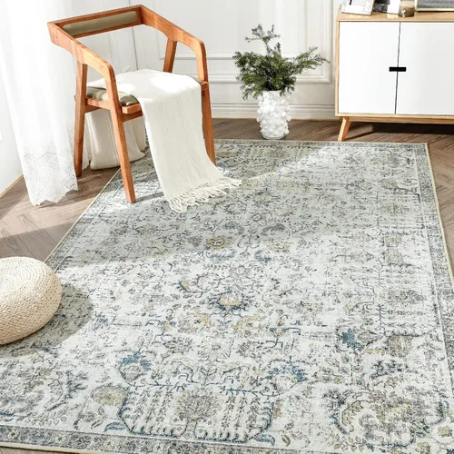 Miniatura 300 de jinchan Lima - Alfombra simétrica floral geométrica lavable, alfombra de entrada de medio círculo de 2 x 3, alfombra de media luna, suave y Azul