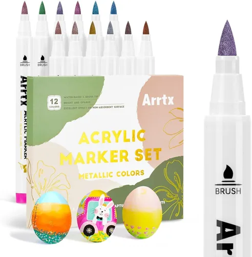 Arrtx Rotuladores metálicos de pintura acrílica de 12 colores para pintura de rocas, punta extrafina, marcadores metálicos para pintura de roca,