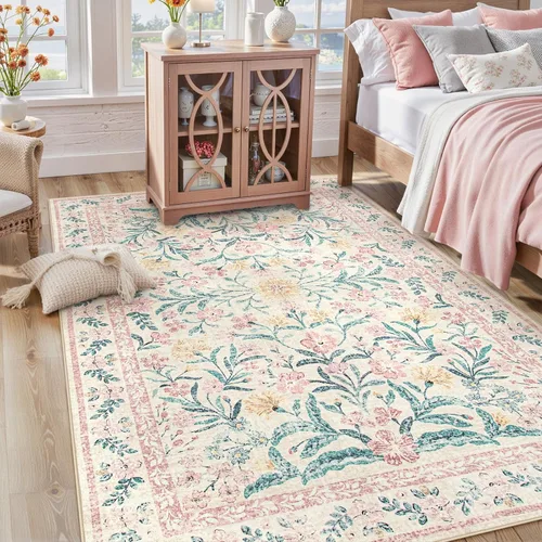 Miniatura 45 de Lahome - Alfombra redonda bóhema de color rosa claro de 4 pies, alfombras pequeñas circulares lavables para dormitorio de niños, alfombra circular