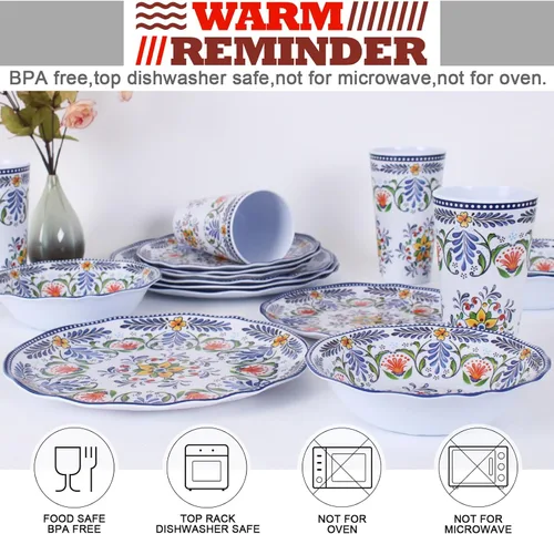 Miniatura 4 de Juego de vajilla de melamina para 4-16 piezas: juego de platos de campamento con platos llanos, platos de ensalada, tazas y cuencos. Ligero e