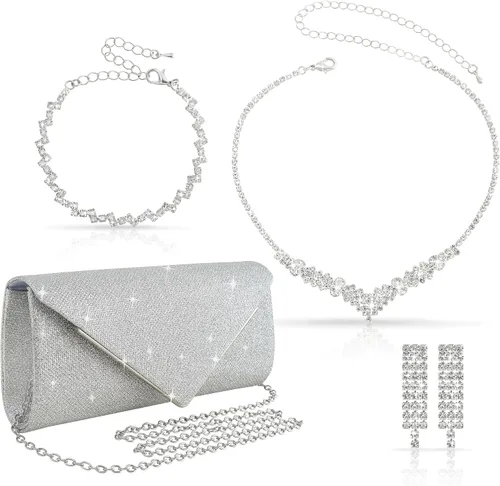 Juego de 4 piezas de plata para mujer, bolso de mano brillante con diamantes de imitación, bolso de mano para regalo de fiesta de boda, plateado