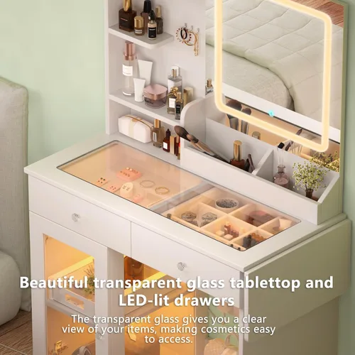 Miniatura 2 de KDCAS Escritorio pequeño con espejo y luces, escritorio de maquillaje con parte superior de vidrio transparente y almacenamiento, tocador blanco