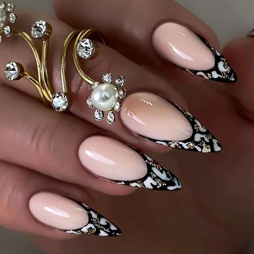 Miniatura 16 de Uñas postizas a presión con degradado rojo, almendra, longitud media, purpurina y líneas negras, uñas postizas de cobertura completa, uñas postizas