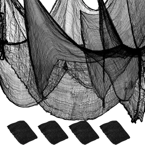 NEBURORA Tela espeluznante de Halloween, 4 piezas de gasa espeluznante negra de 72 x 30 pulgadas, suministros de fiesta de Halloween para interiores
