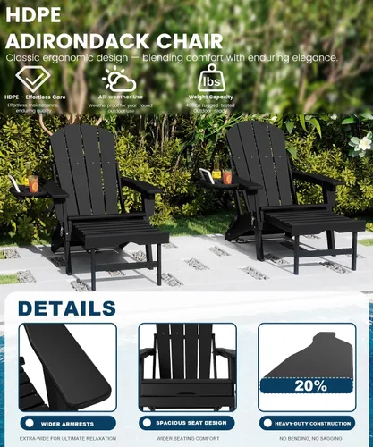 Miniatura 4 de FOOWIN Silla Adirondack plegable ajustable con otomana retráctil, silla Adirondack de polietileno de alta densidad con bandejas 4 en 1, resistente a
