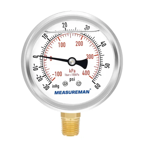 Miniatura 18 de MEASUREMAN - Manómetro de presión 1/4 NPT, manómetro de presión lleno de glicerina 0-100psi/kPa con esfera de 2.5 pulgadas y caja de acero