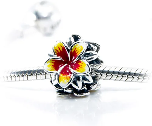 Miniatura 2 de Flor tropical roja y amarilla Plumeria Frangipani Flower Sterling Silver Charm Bead S925, Flor tropical hawaiana, flor tropical floreciente, flor
