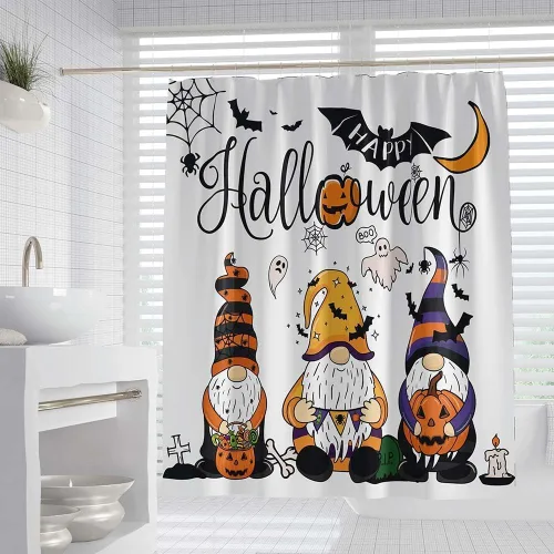 Miniatura 2 de Cortina de ducha de gnomos de Halloween de 72 x 78 pulgadas, cortinas de baño de tela de otoño con diseño de caricaturas, calabaza, bruja, escoba