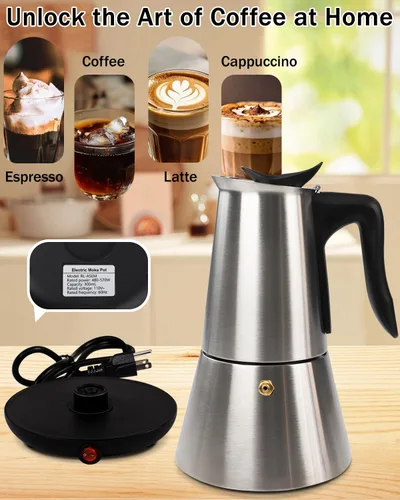 Miniatura 5 de Olla eléctrica Moka con base desmontable, cafetera de aluminio de 10 onzas, 6 tazas, 10.1 fl oz, cafetera italiana negra para cocina y hogar, 110 V