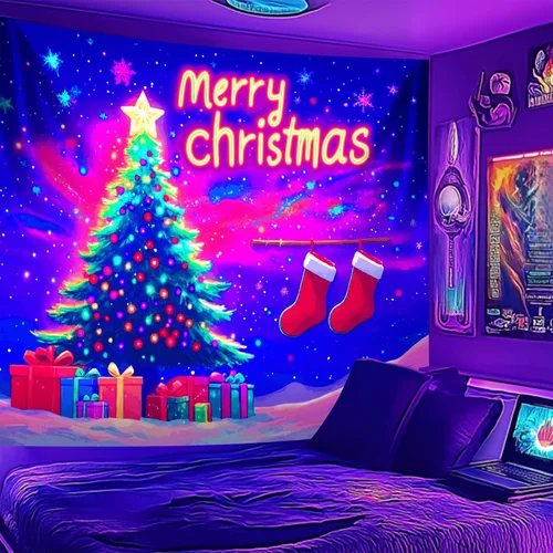 Miniatura 7 de NYZE - Tapiz de Navidad con Papá Noel, tapiz de luz negra que brilla en la oscuridad, colgante de pared, banner festivo, decoración para fiesta