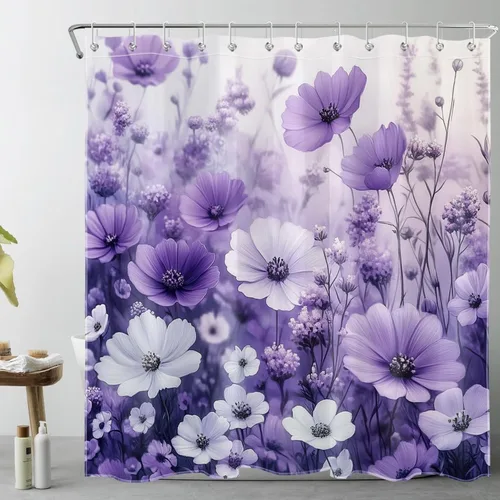 Miniatura 20 de LB Cortina de ducha de hortensias azules para baño, cortina de ducha rústica de girasol amarillo botánico y lavanda púrpura con ganchos, cortina